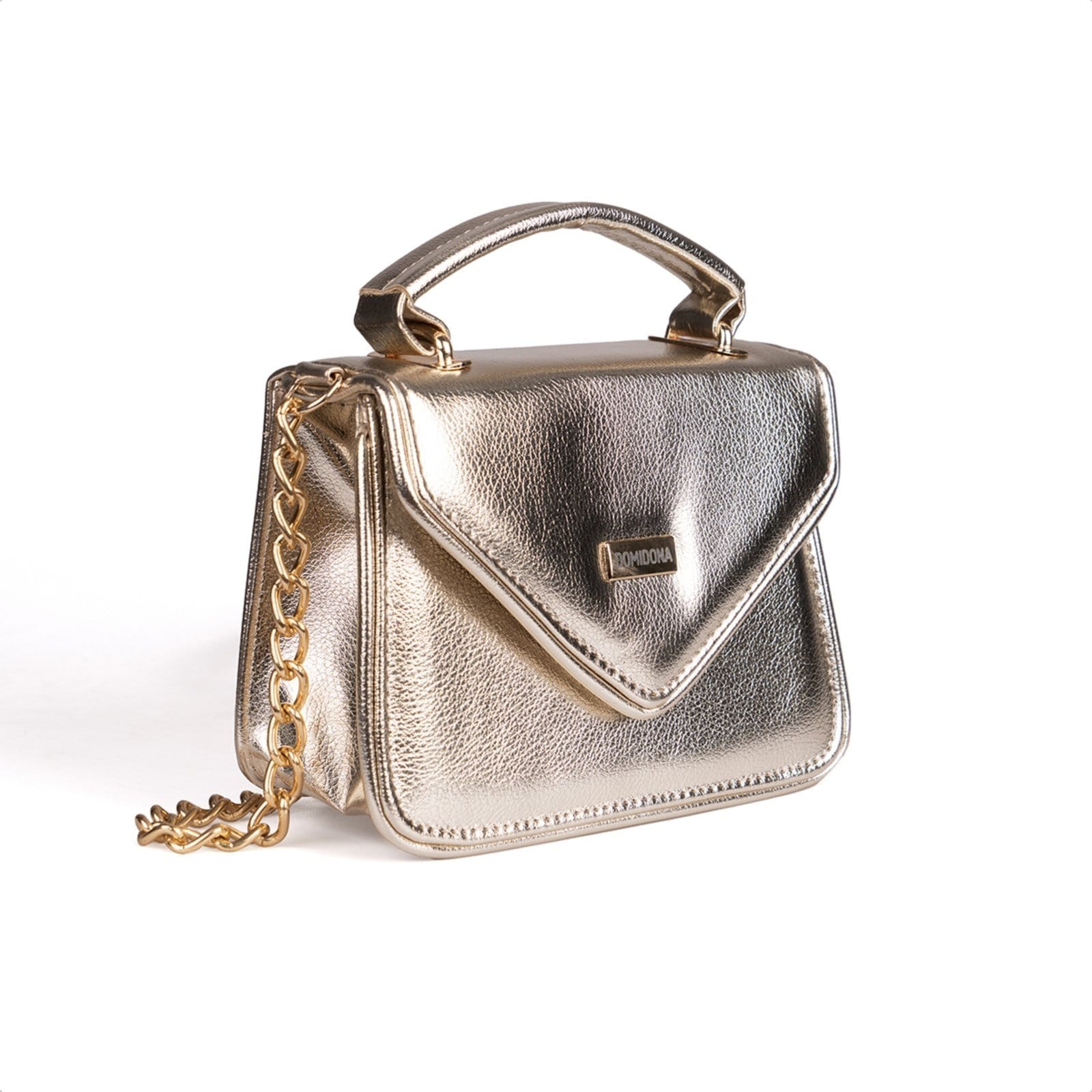 Vista 2 Bolsa Feminina Dourada Domidona Tiracolo Metalizada Corrente Alça Ajustável Domidona preto