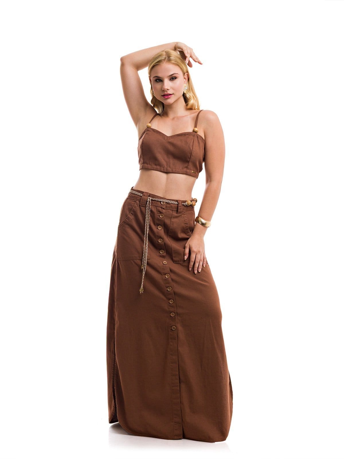 Vista 2 Conjunto Restrito Jeans Cropped e Saia Longa De Linho Premium Restrito Jeans marrom