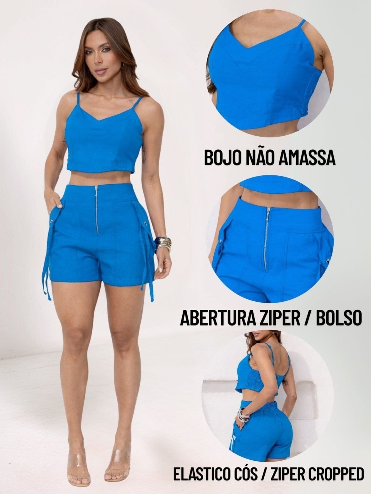 Vista 2 Conjunto Feminino Tropical Fashion Cropped e Shorts Com Zíper Algarve TROPICAL FASHION azul