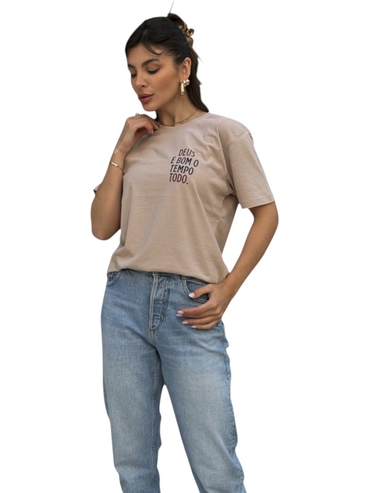 Vista 2 Camiseta Feminina Cianitas Chocolate Estampa Deus É Bom Cianitas marrom