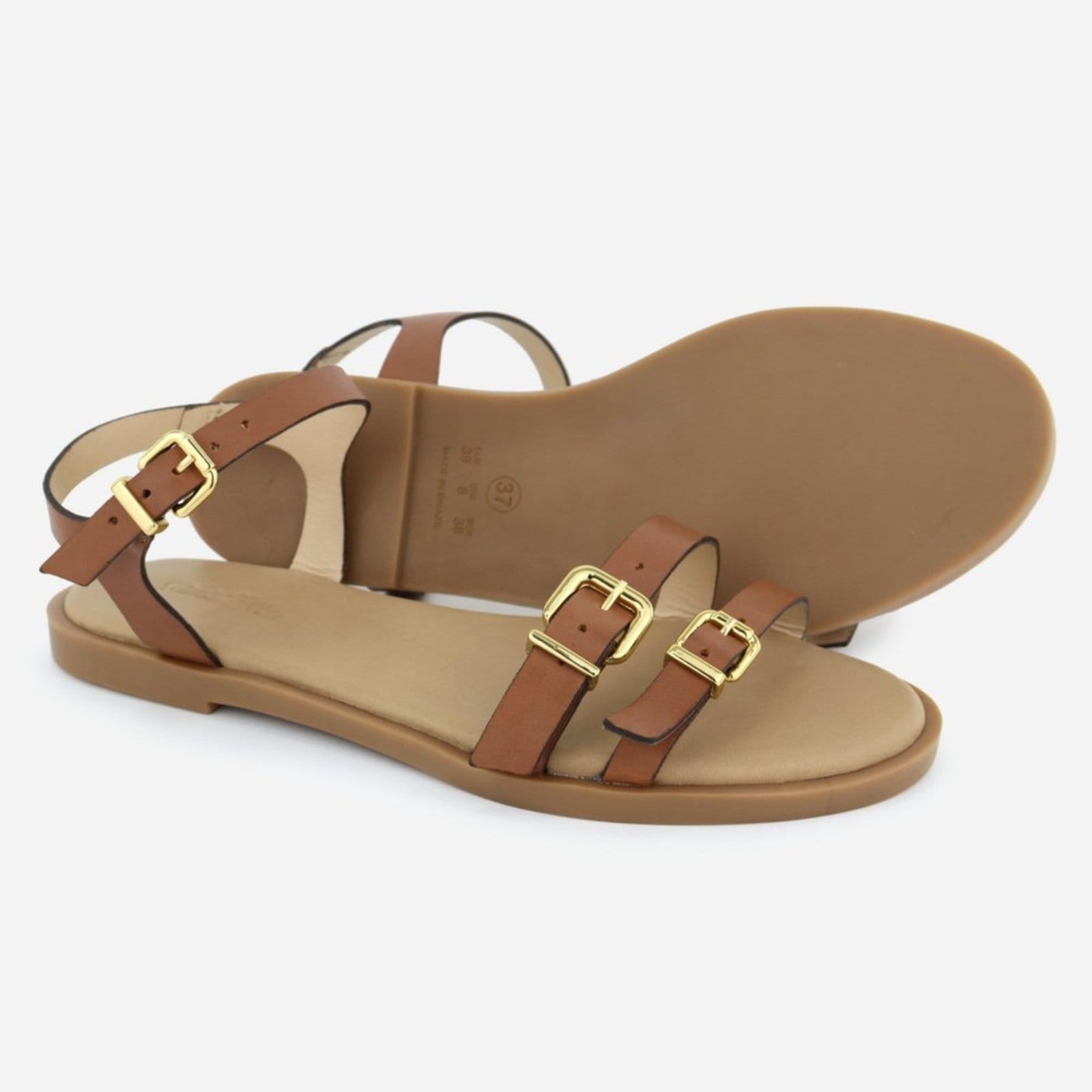 Vista 2 Rasteira Couro Maria Paula Rasteirinha Fivela MARIA PAULA caramelo