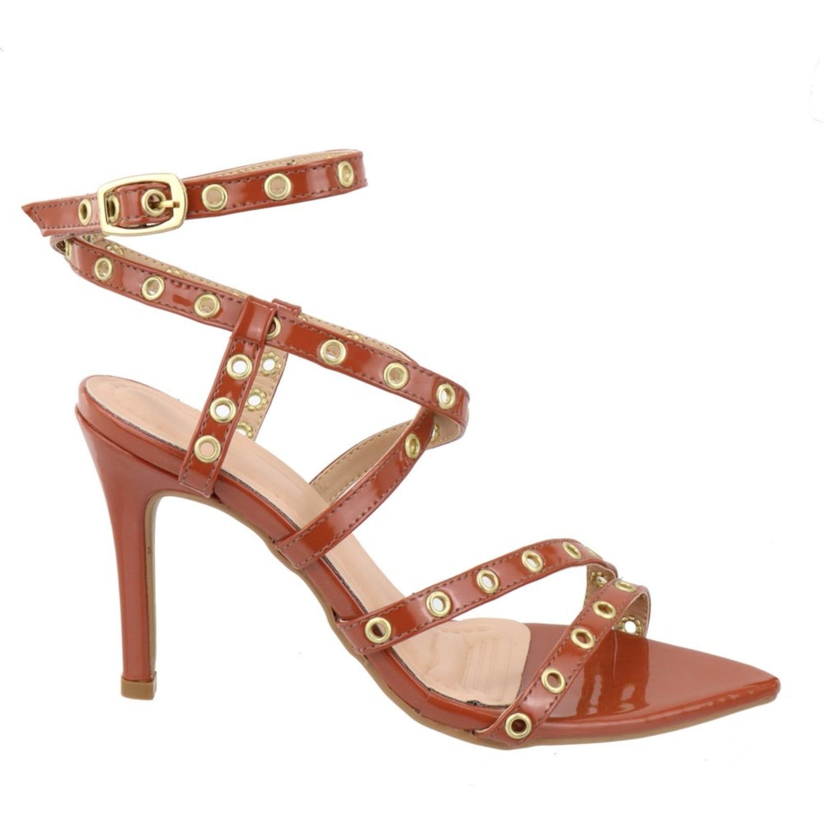 Vista 2 Sandália Social Feminina Salto e Bico Fino 6019 Napa Canela Flor da Pele marrom