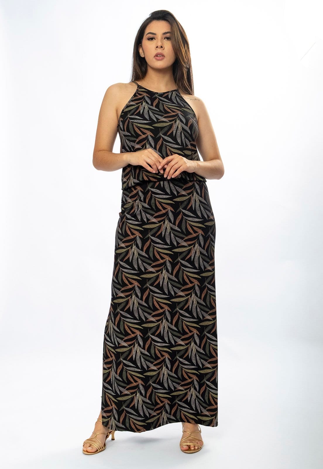 Vista 2 Vestido Longo Cabanafree Malha Trapézio com Elástico na Cintura Folhagem Cabanafree estampado/marrom