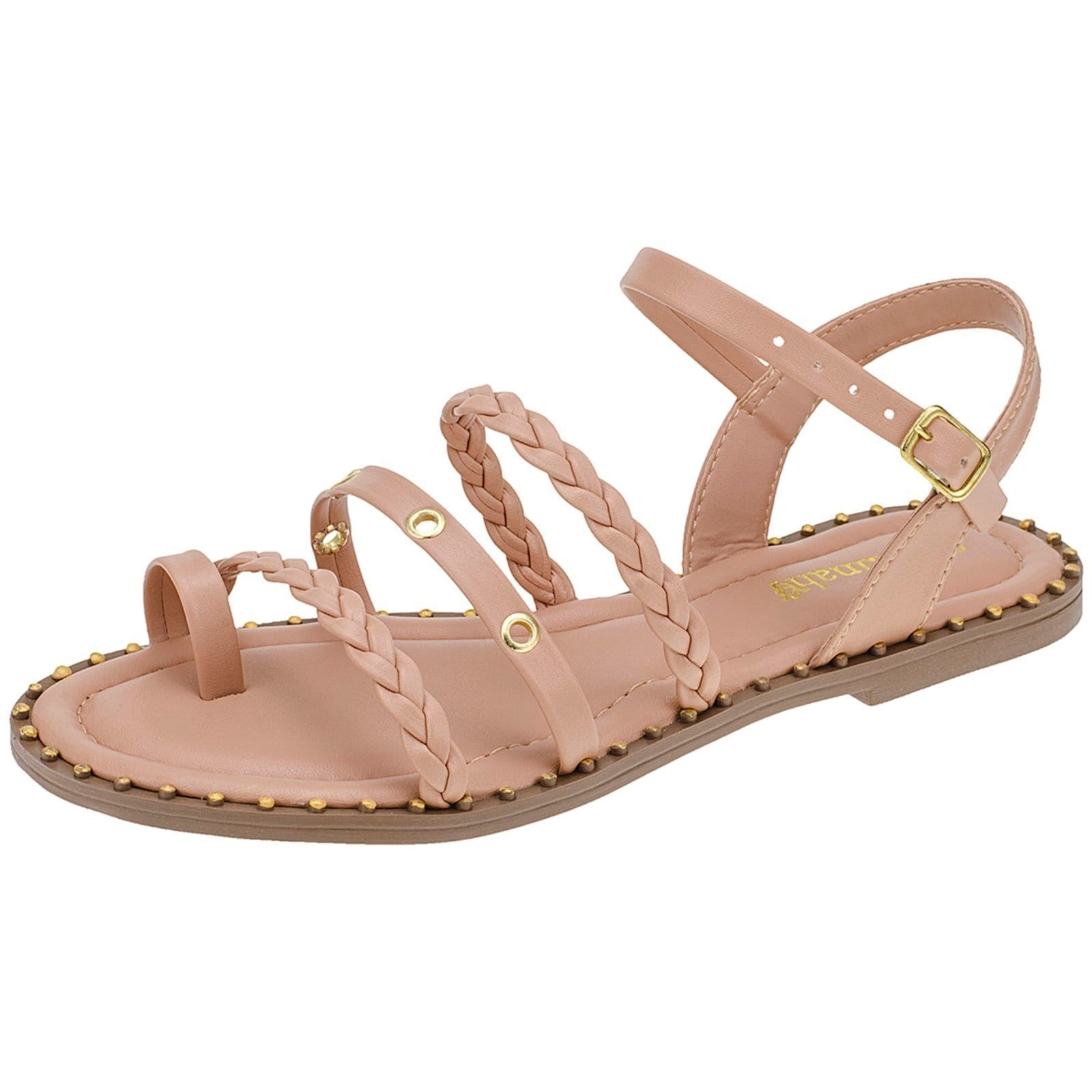 Sandália Feminina Rasteira Bico Redondo Shekinah Sola Com Tachas Cravos Confortável Super Leve Moda