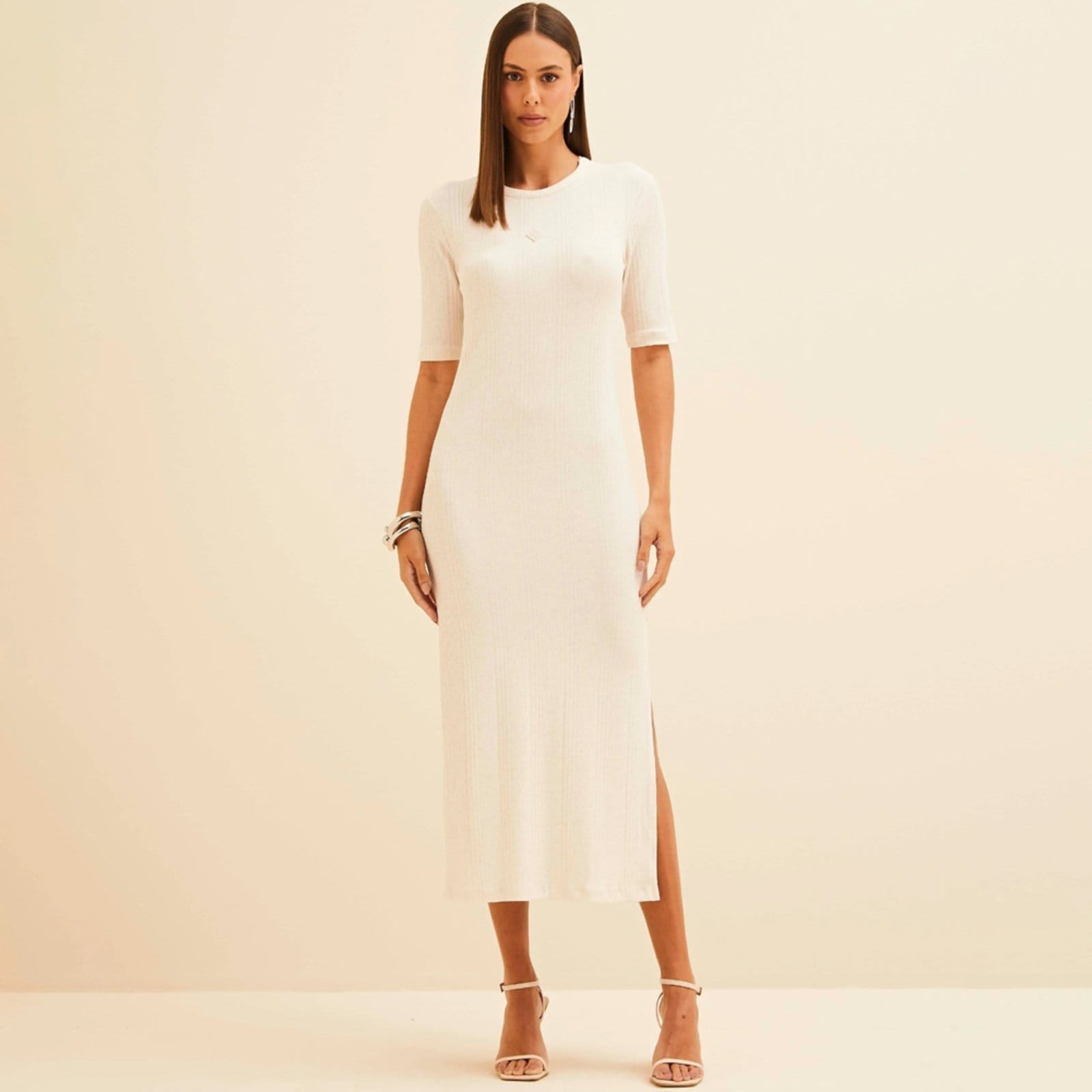 Vestido Mid Forum Manga Ve26 Off White Feminino