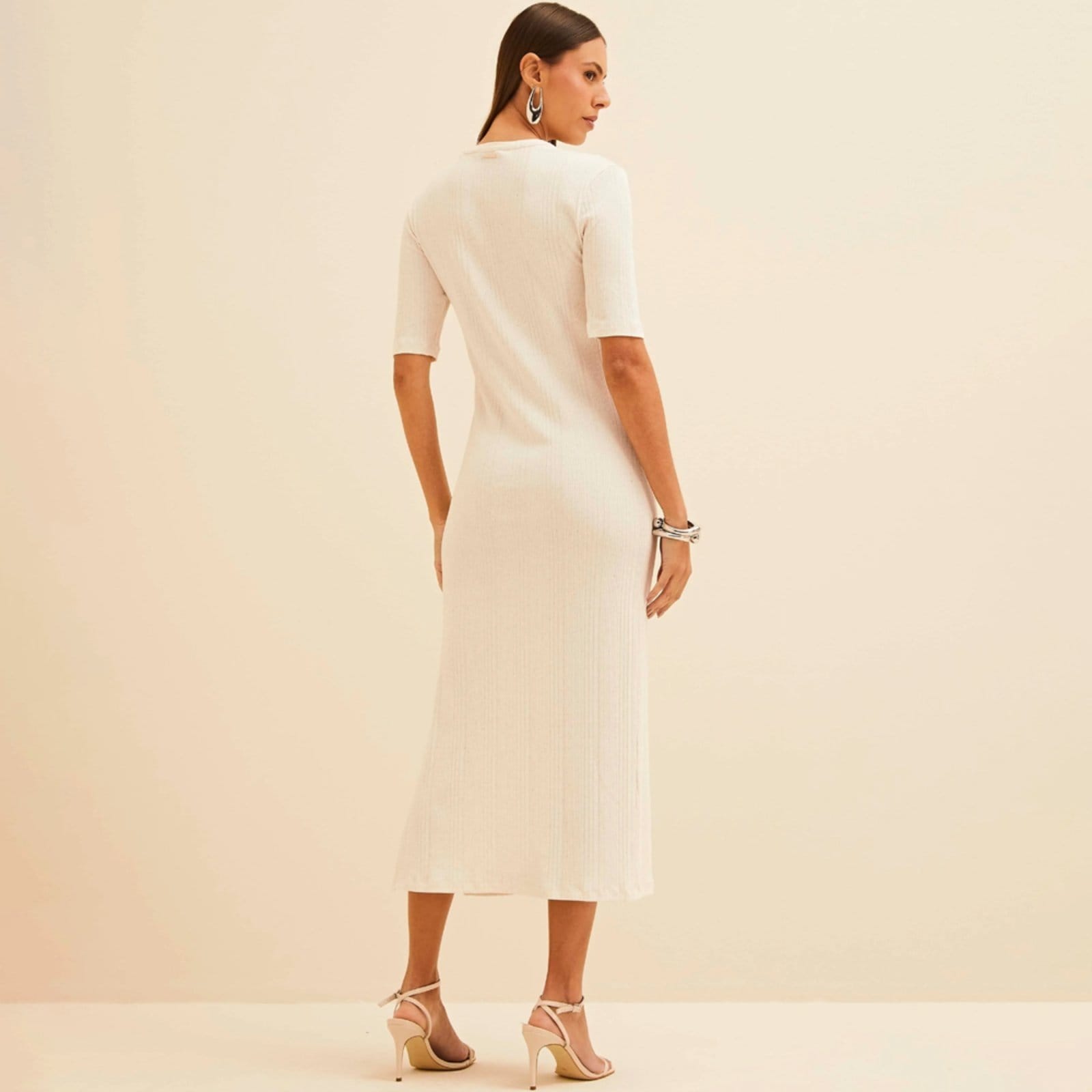 Vista 2 Vestido Mid Forum Manga Ve26 Off White Feminino Forum amarelo white
