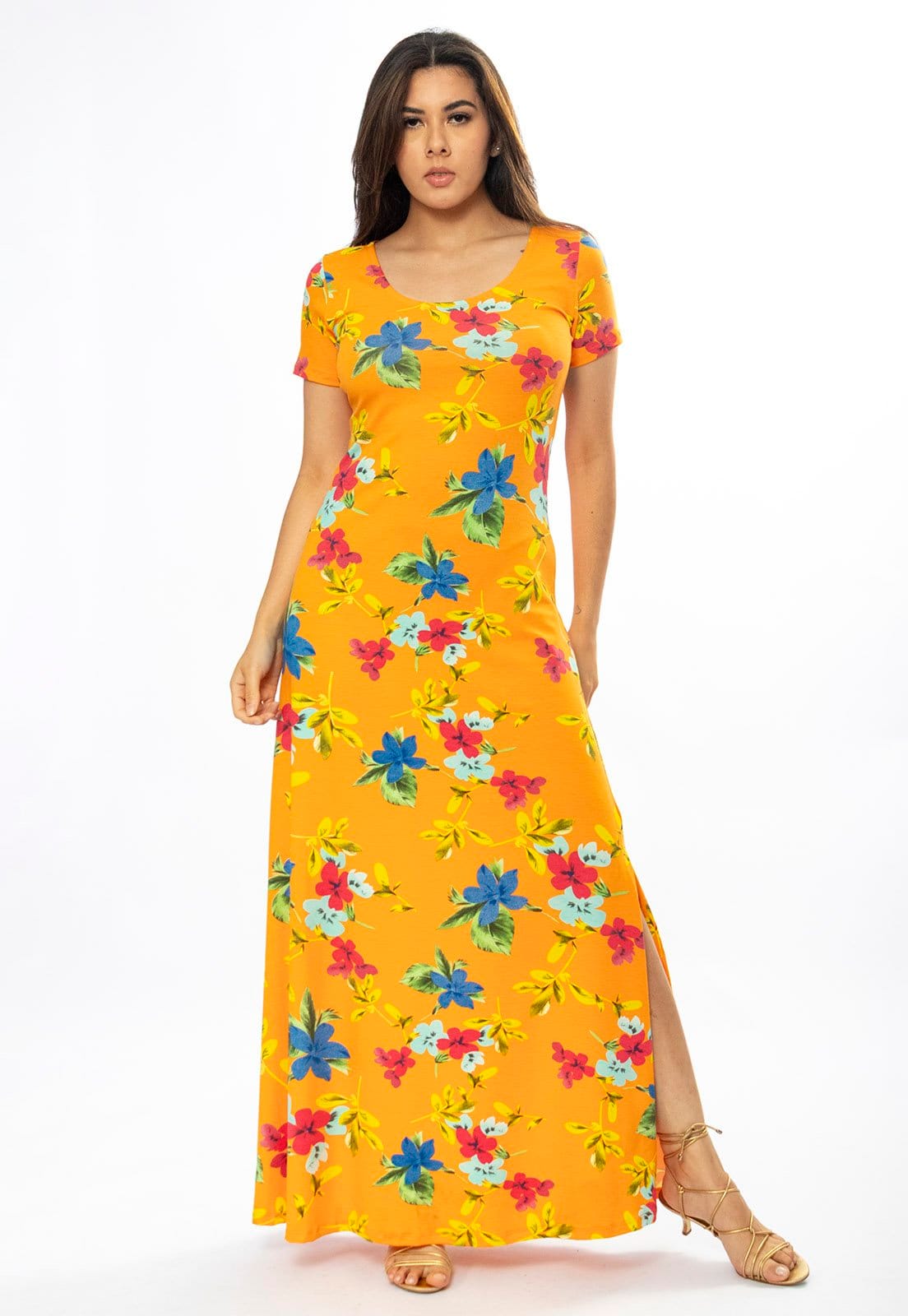 Vestido Longo Cabanafree Malha Gola Canoa Manga Curta Estampa Laranja Floral