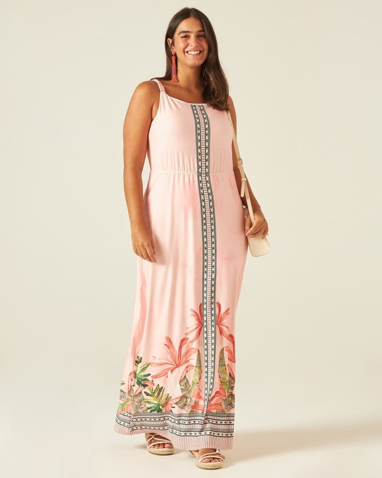 Vista 2 Vestido Feminino Plus Size Midi Alças Finas Em Viscose Stretch Malwee rosa