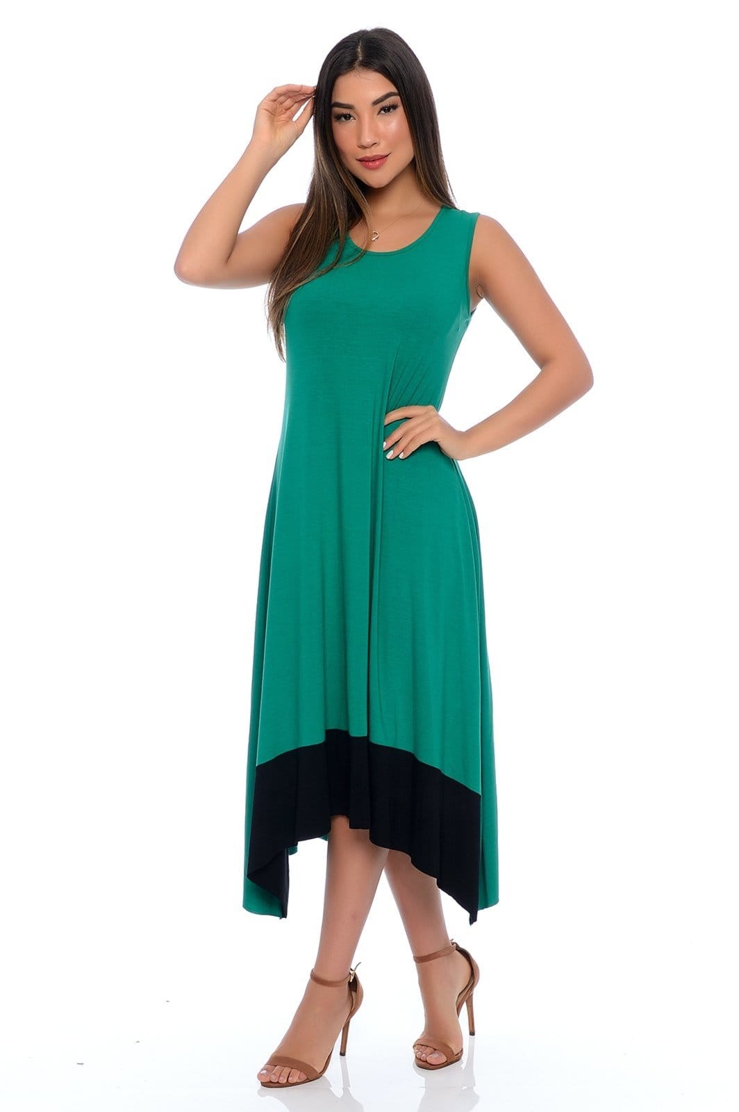 Vista 2 Vestido Midi com Pontas Barra Sem Mangas B’Bonnie Nani BBonnie verde