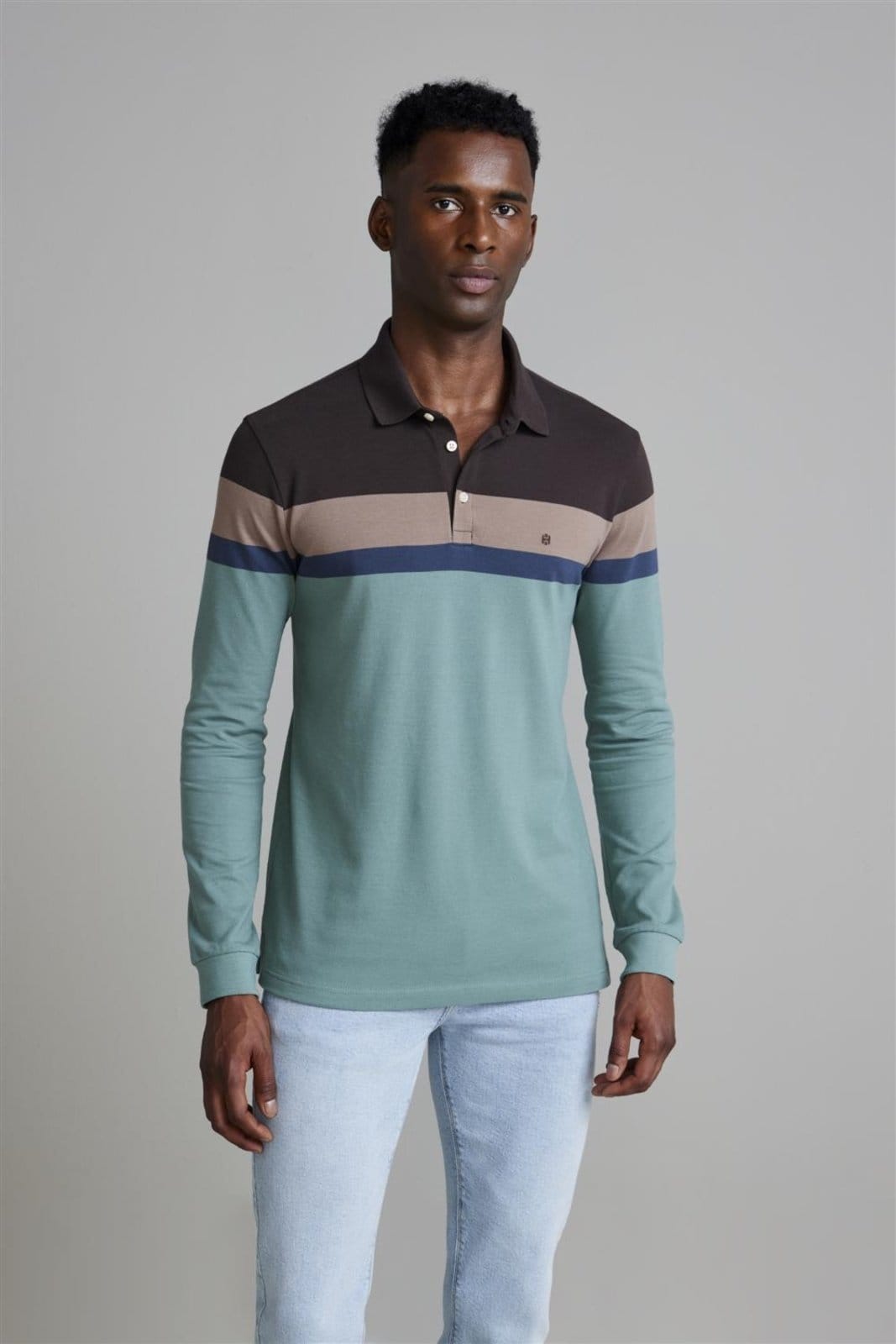 HIGHSTIL Camisa Polo Manga Longa Piquet Slim Fit - Marrom / Verde Malva