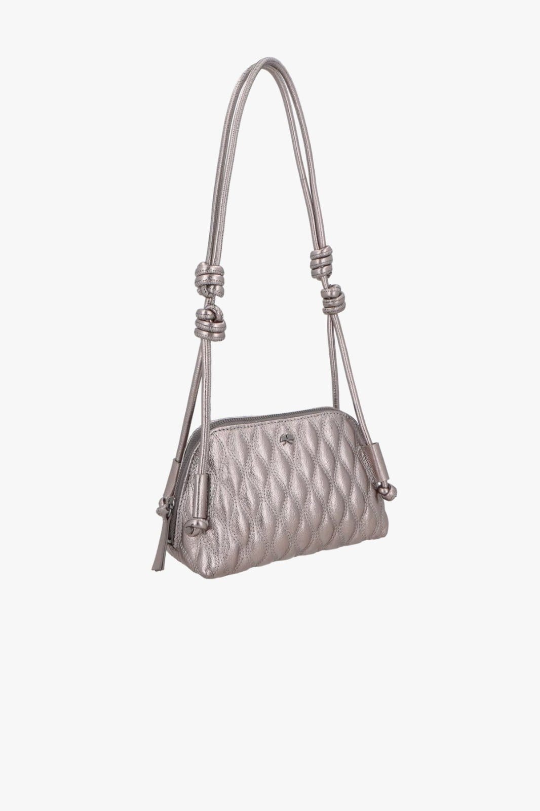 Vista 2 BOLSA MÉDIA EM COURO METALIZADO MATELASSÊ COM ALÇA DE NÓS Luiza Barcelos cinza