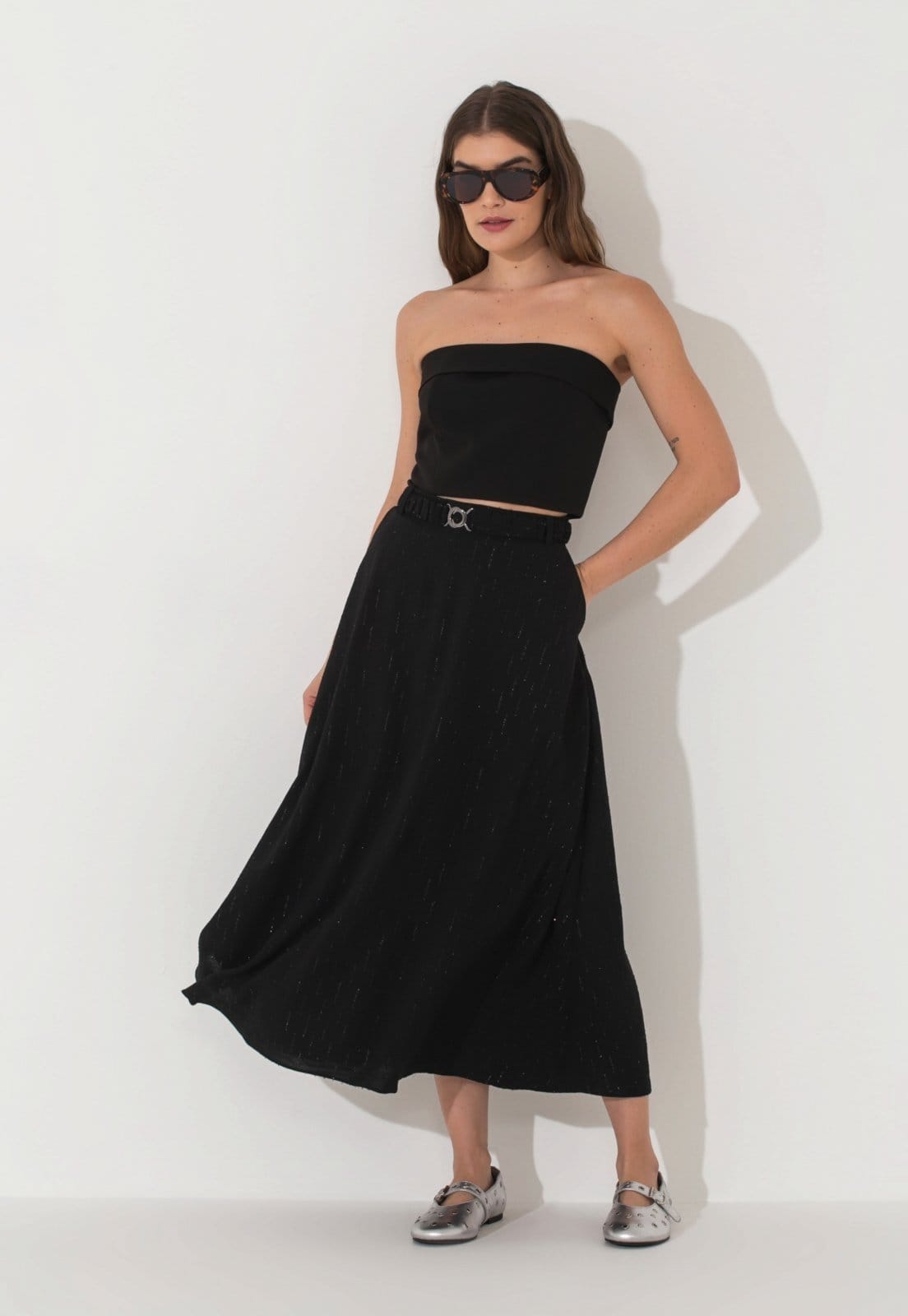 Saia Evasê Traymon Midi Com Cinto