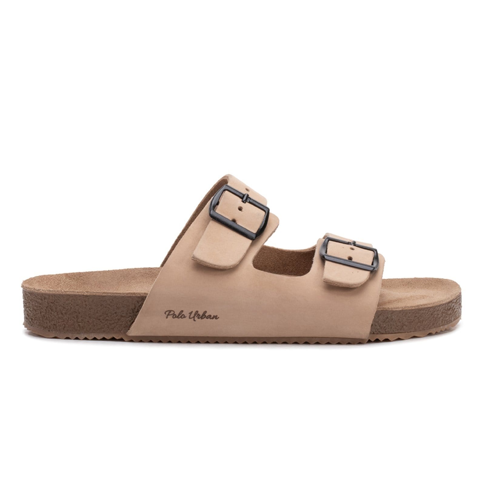 Vista 2 Chinelo Slide Masculino Fivela Ajustável em Couro Nobre Marfim POLO URBAN bege