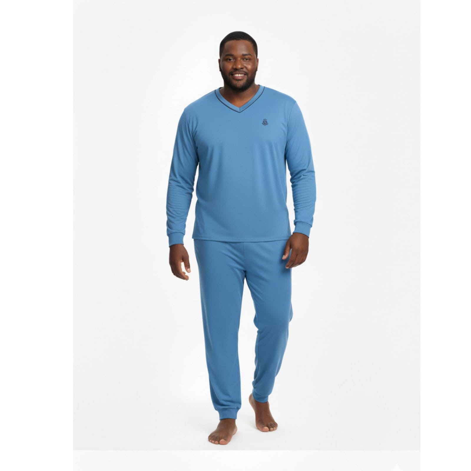 Pijama Masculino Plus Size Adulto Longo Inverno Frio Malha Fria Manga Longa G1 G2 G3 G4 48 50 54 Conforto Gola V Homen Mechler Claro Celeste