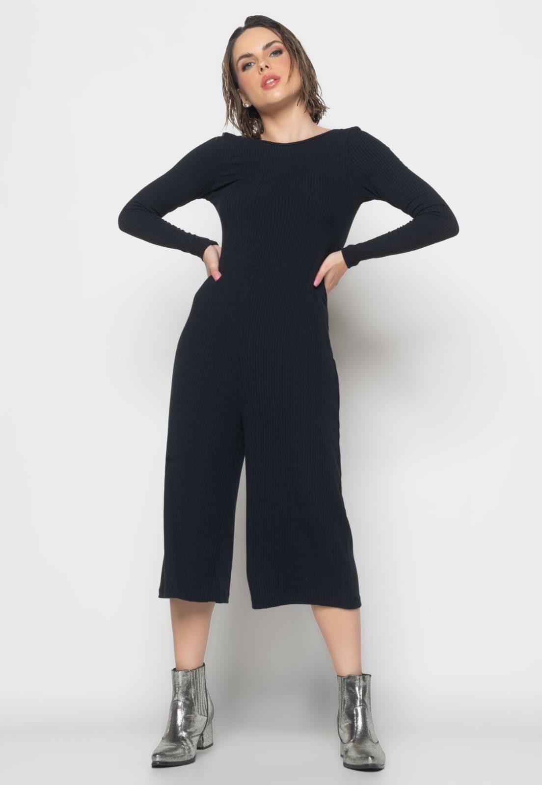 Vista 2 Macacão Manga Longa Salvatore Pantacourt Canelado Salvatore Fashion Salvatore Fashion preto