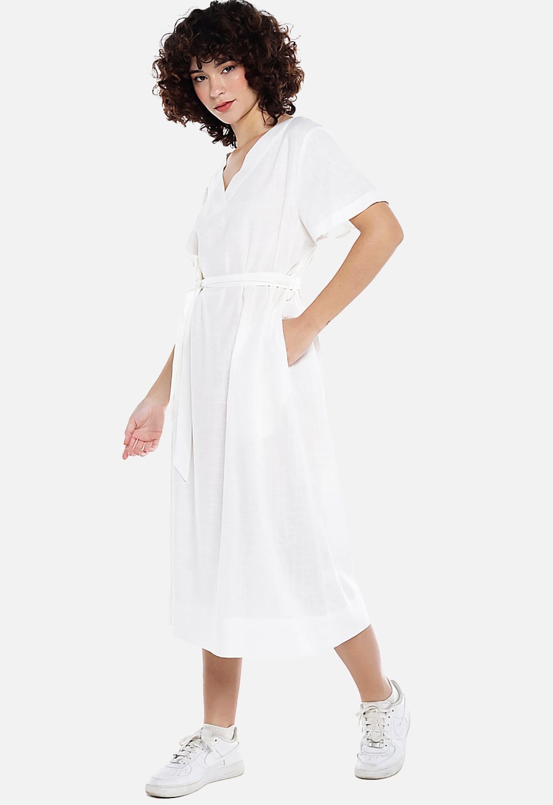 Vista 2 Vestido de Linho Off-White Midi com Bolsos Manga Curta SOB off-white white