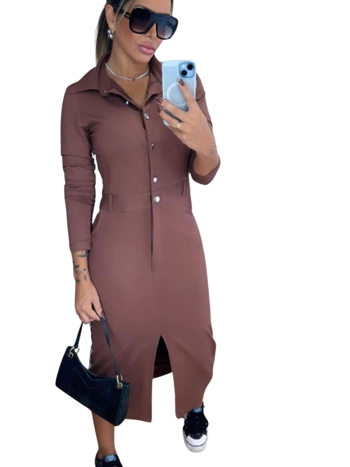 Vestido Summer Body Midi Camisa Feminina com Botões e Fenda Frontal