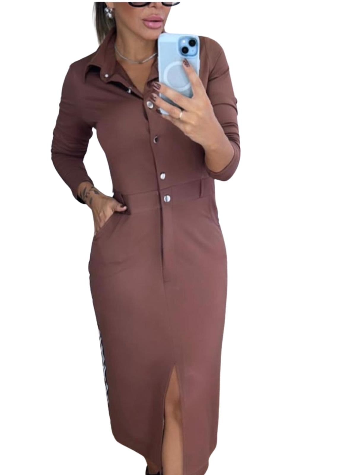 Vista 2 Vestido Summer Body Midi Camisa Feminina com Botões e Fenda Frontal Summer Body marrom