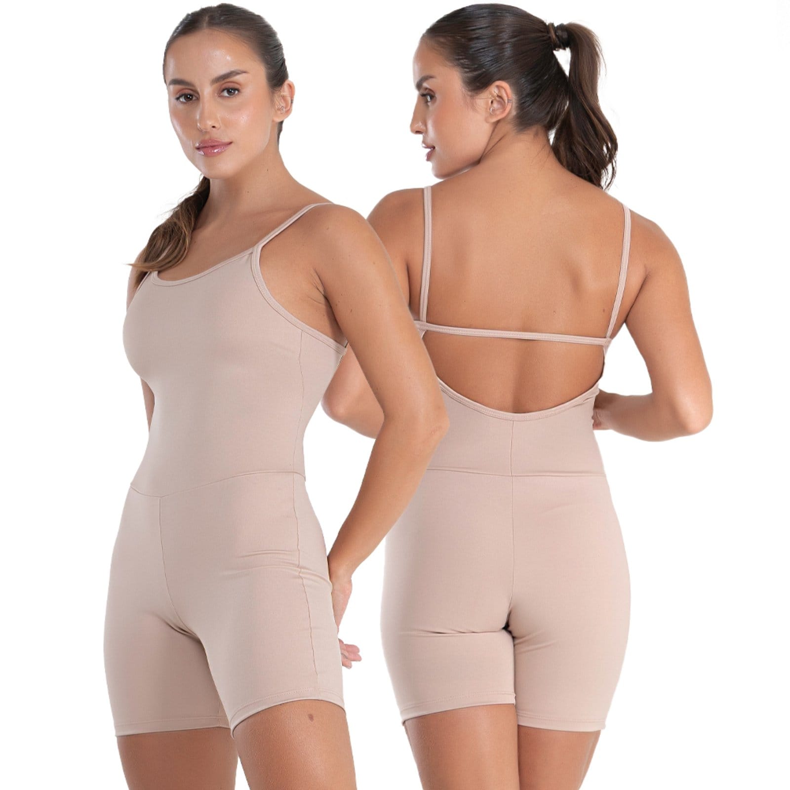 Vista principal Macaquinho Fitness Alcinha Slim Zero Transparência Forrado Academia Macacão 048 NUDE BRAVAA STORE bege/nude nude