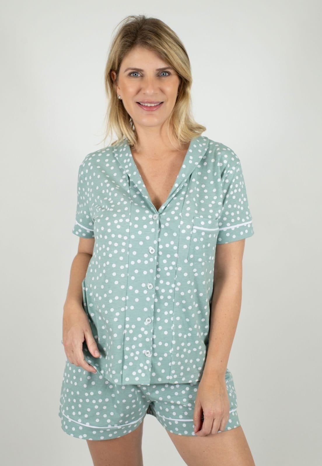 Vista 2 KIT Pijama Americano Curto Listrado + Pijama Americano Curto Verde Poá Piante azul