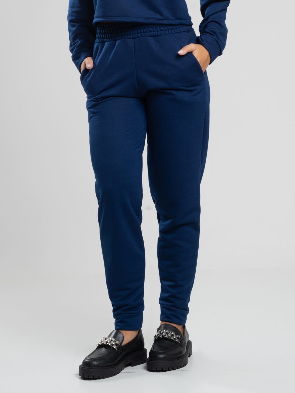 Calça Jogger Vicbela Bolso Interno Moletinho Cintura Alta Marinho