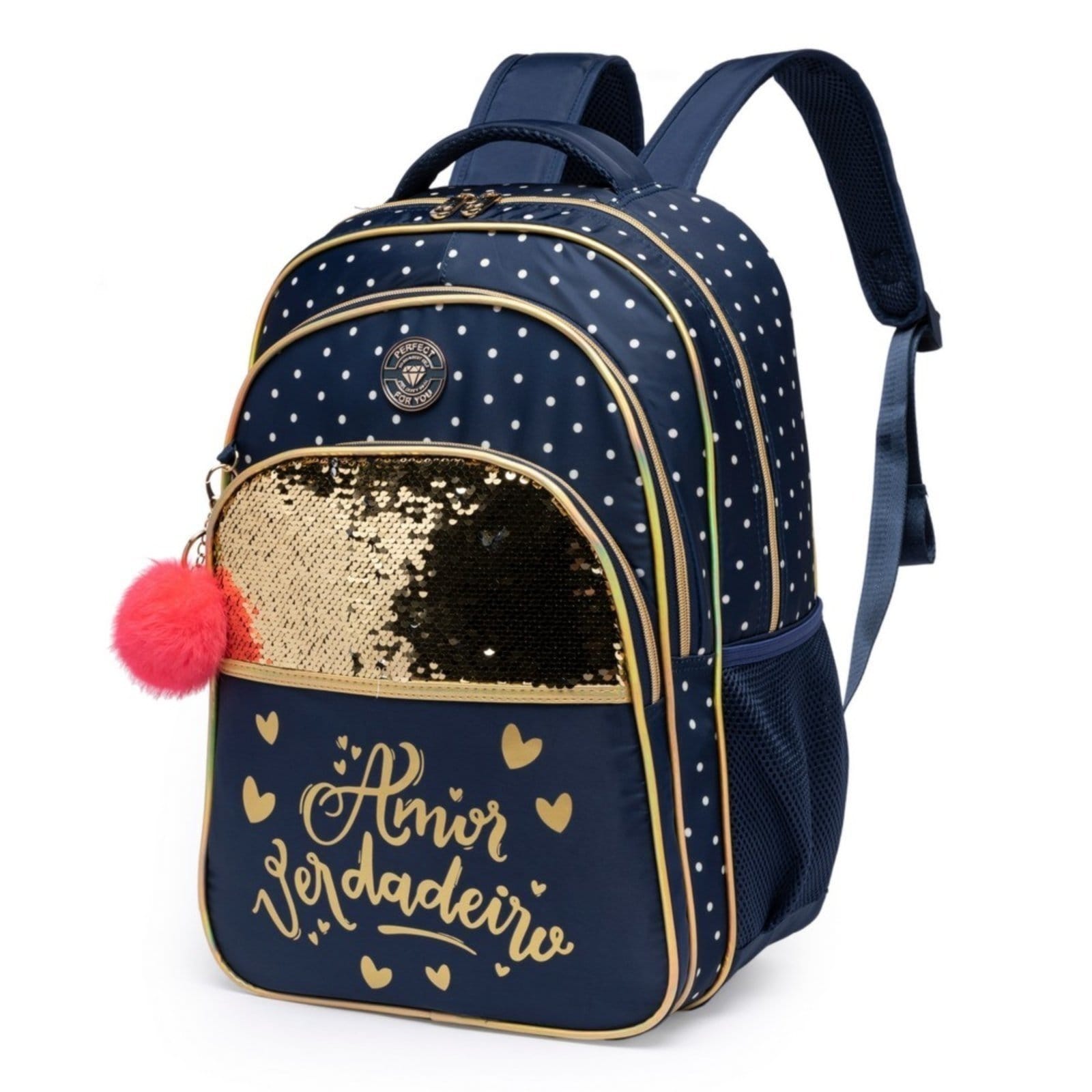 Vista 2 Kit Mochila Feminino Estojo Lancheira Térmica Grande Reforçada Perfect For You azul