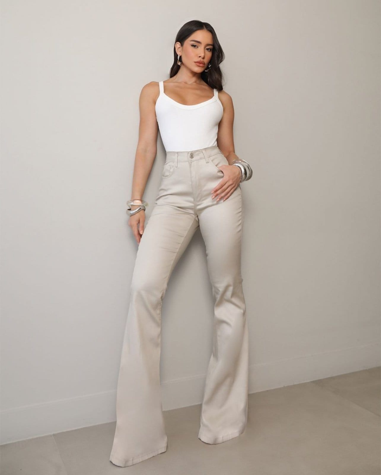 Calça Sarja Feminina Flare Cintura Alta 25098 Bege