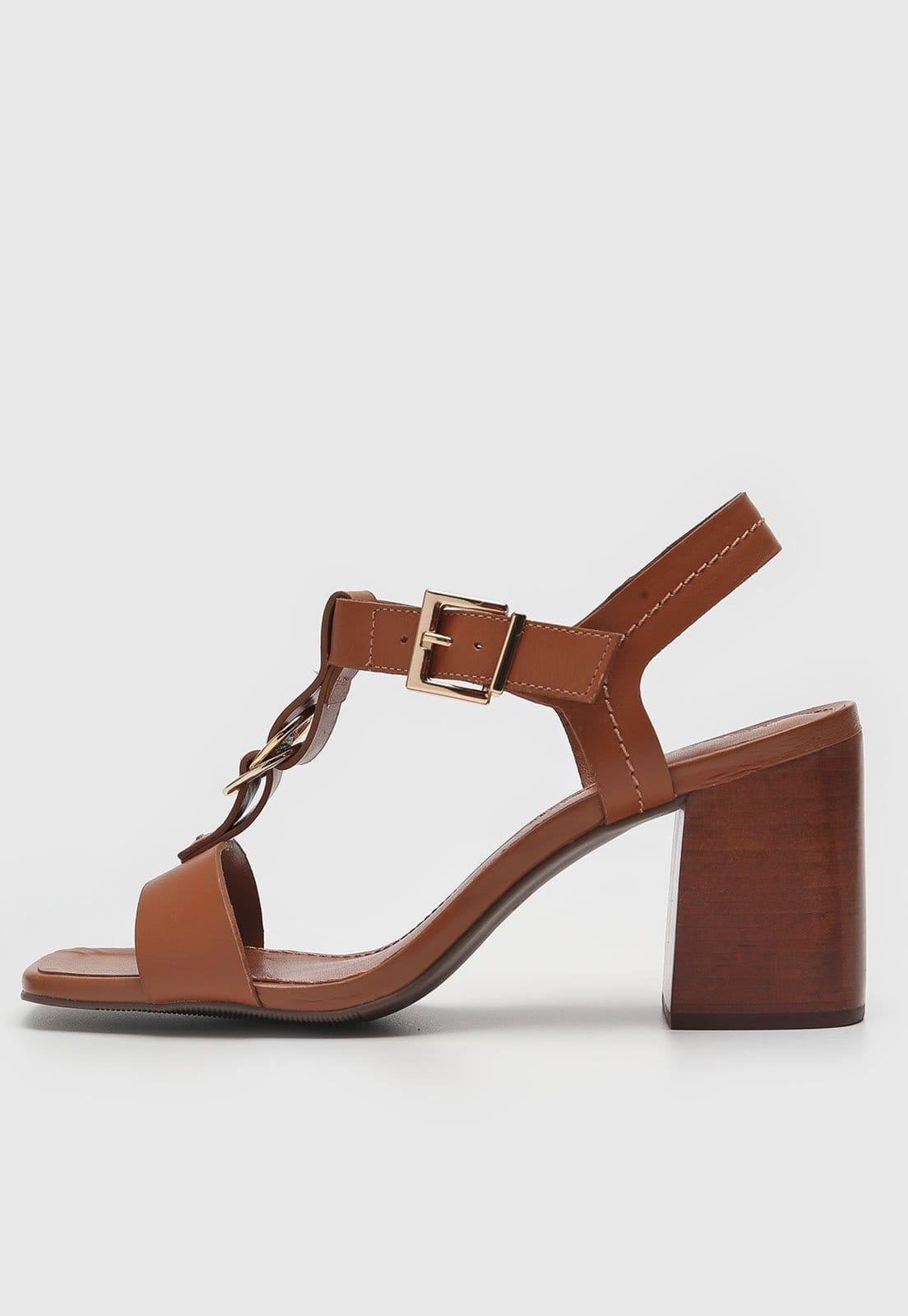 Sandália Feminina Loucos e Santos Salto Bloco Corrente Caramelo