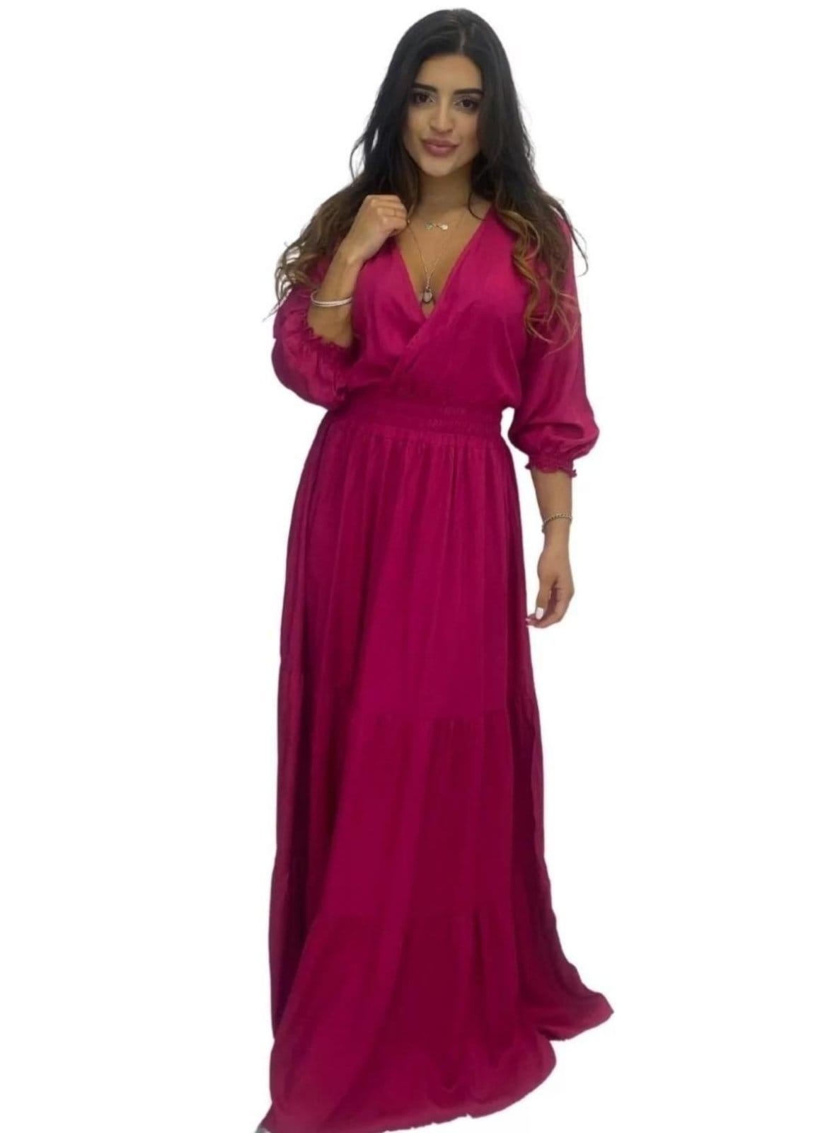 Vista 2 Vestido de Inverno Longo Transpasse Lastex Viscose Cia do Vestido pink/rosa pink