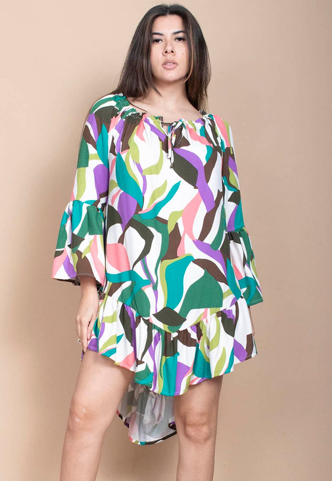 Vestido Curto Cabanafree Viscose Com Babados Estampa Encanto Botãnico