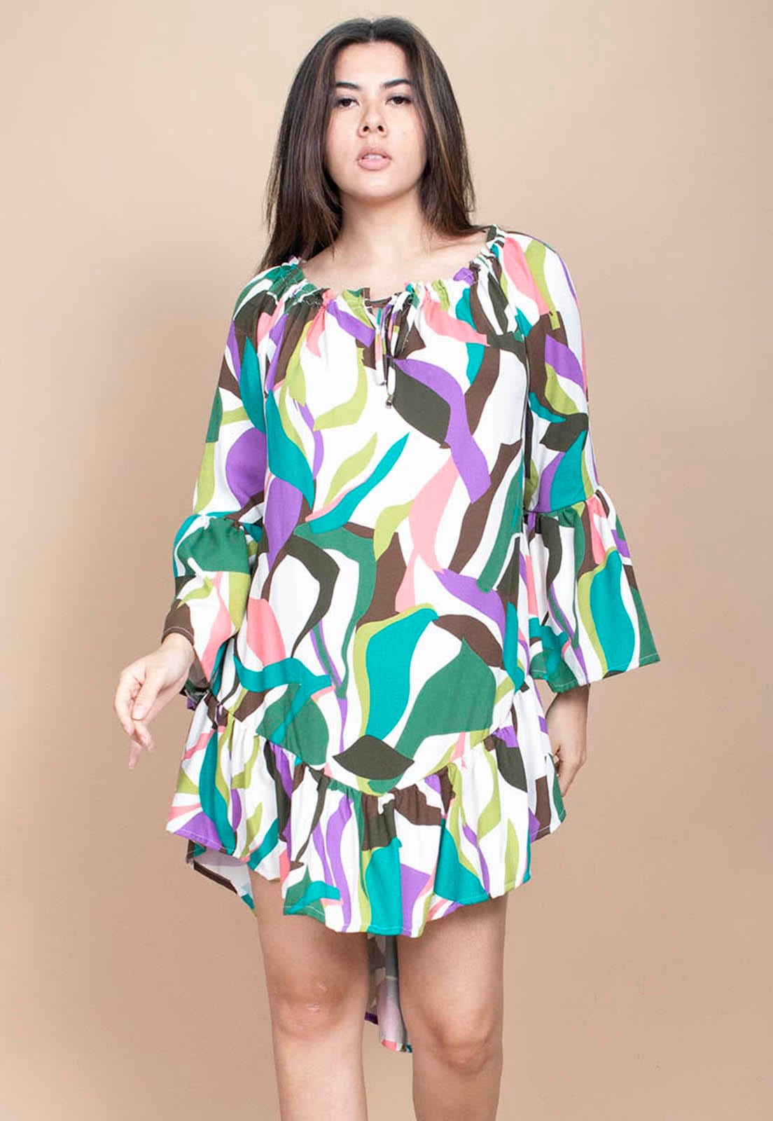 Vista 2 Vestido Curto Cabanafree Viscose Com Babados Estampa Encanto Botãnico Cabanafree estampado/rosa/roxo/verde