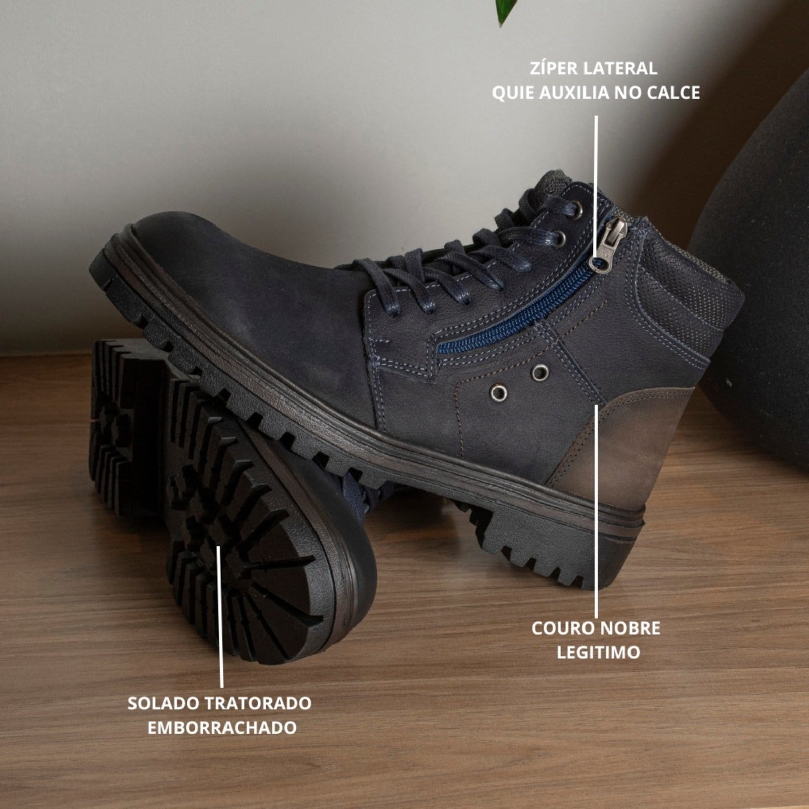 Vista 2 Coturno Adventure Bota Couro Masculino Solado Tratorado Cano Espumado Marinho super shoes azul marinho