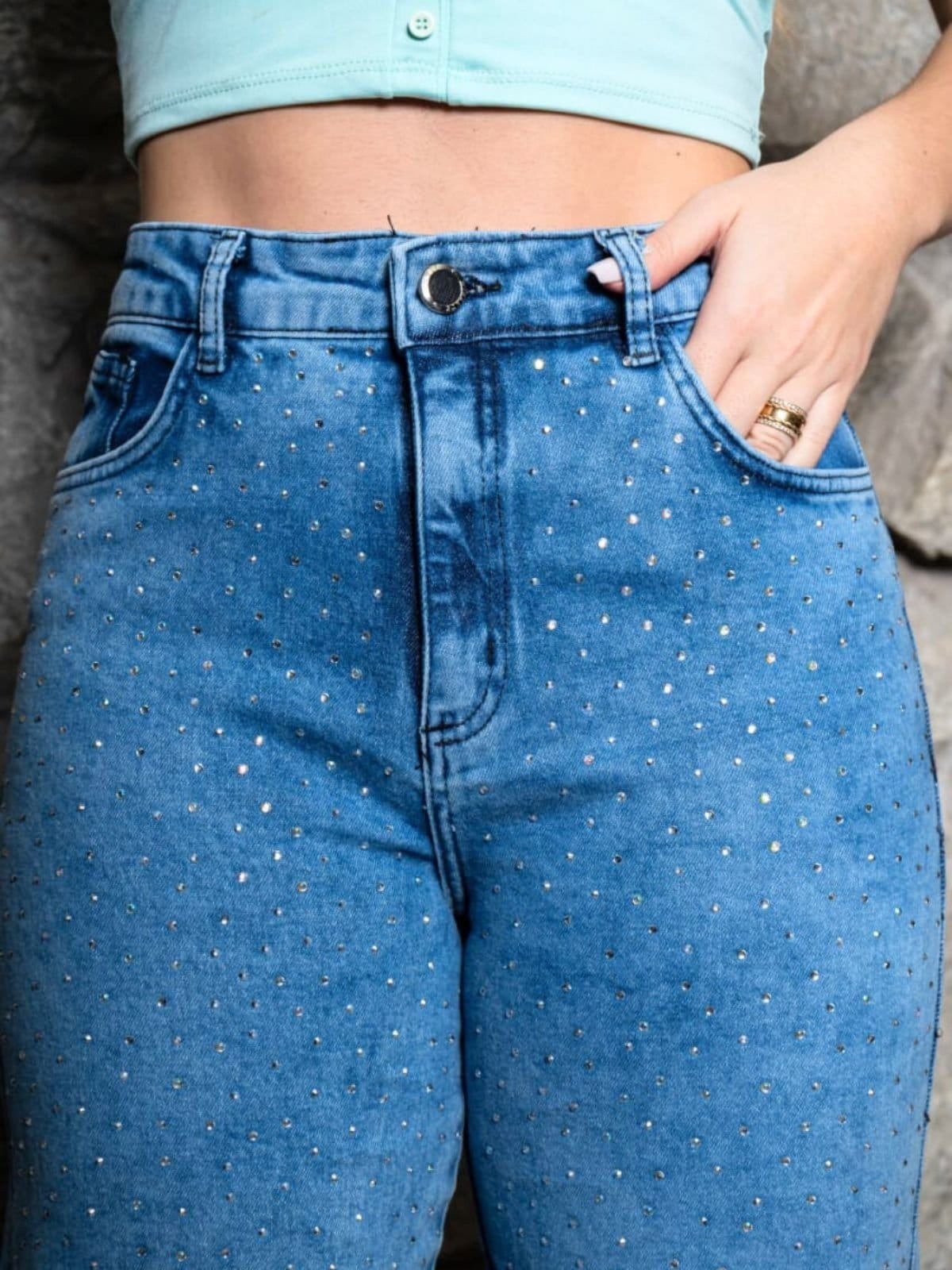 Wide Leg Jeans Marmorizado Com Brilhos Feminina Peça Casual Chique Moderna Cintura Alta Brilhos e Strass