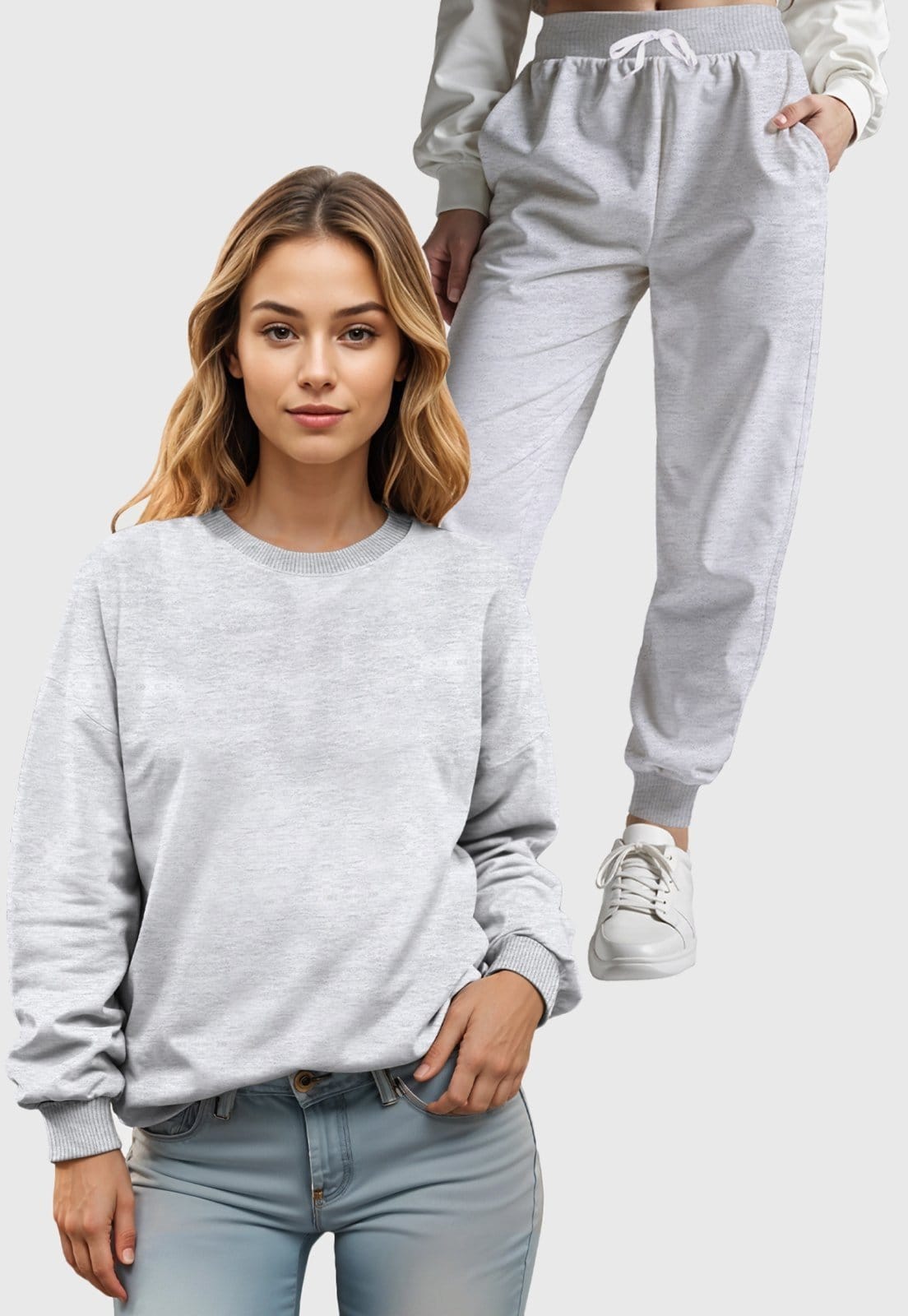 Conjunto Moletom Liso Gola Redonda e Calça Feminino Benellys Claro