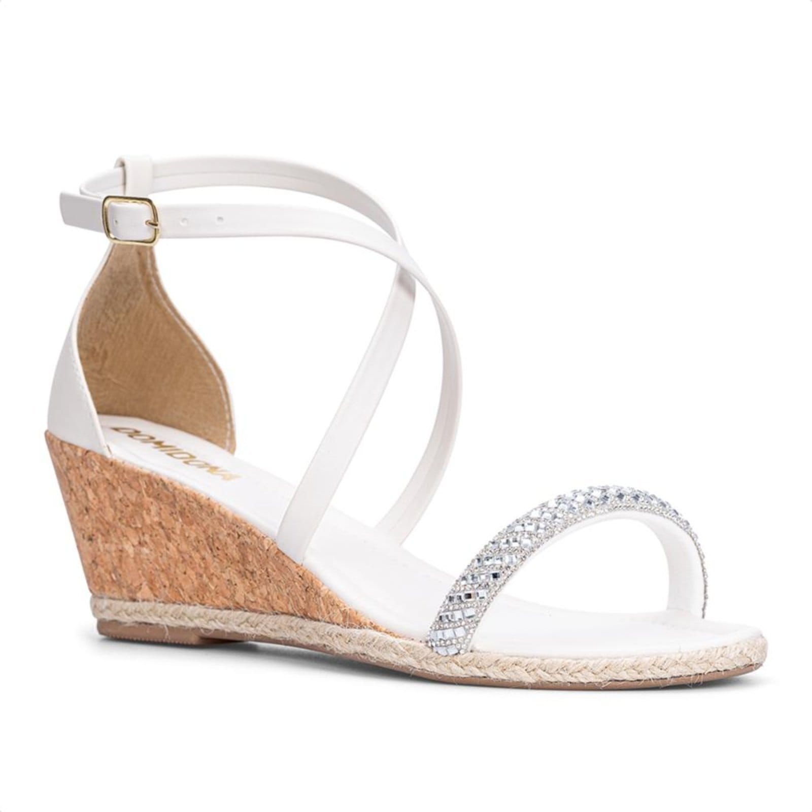 Sandália Feminina Off White Anabela Pedrarias Tiras Cruzadas Fivela