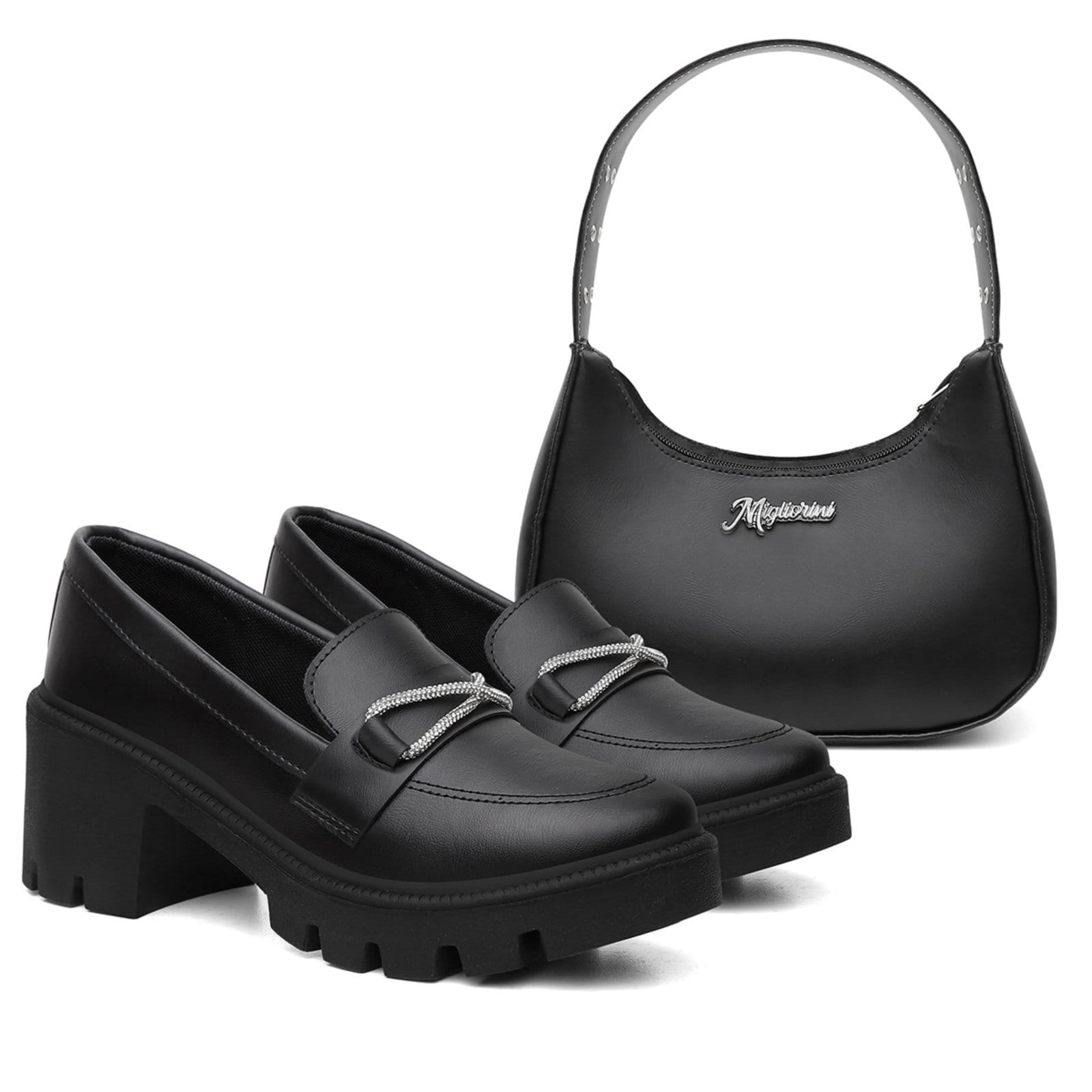 Kit Oxford Mocassim Tratorado Brilho Salto Grosso Bolsa Ombro