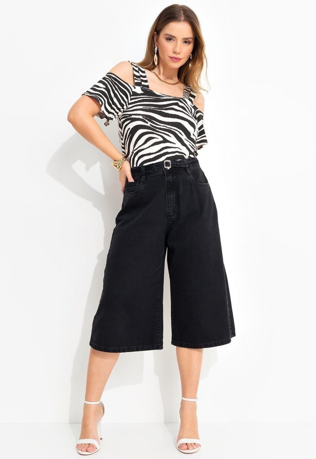 Vista 2 Jorts Com Bolsos Jeans Estonado Quintess preto