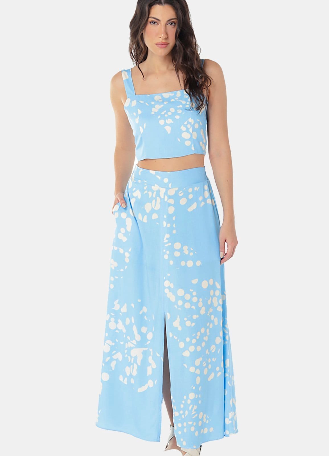 Vista 2 Conjunto Saia Longa com Bolsos e Top Estampado SOB azul