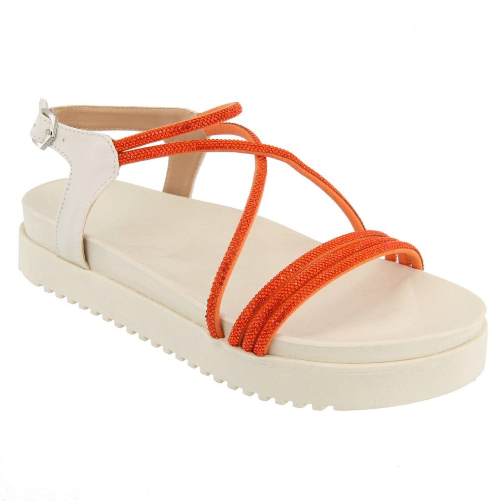 Sandália Papete Flatform Feminina Off White Com Tiras De Strass 199057