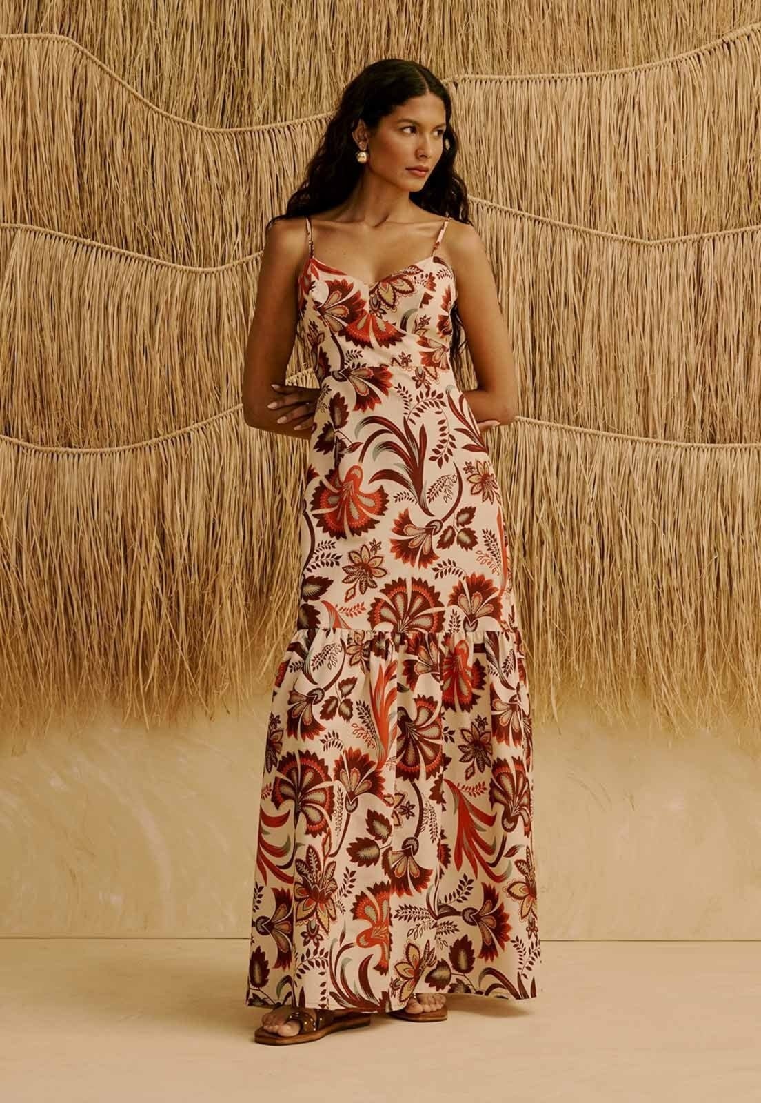 Vestido Longo Babado Estampado Tika