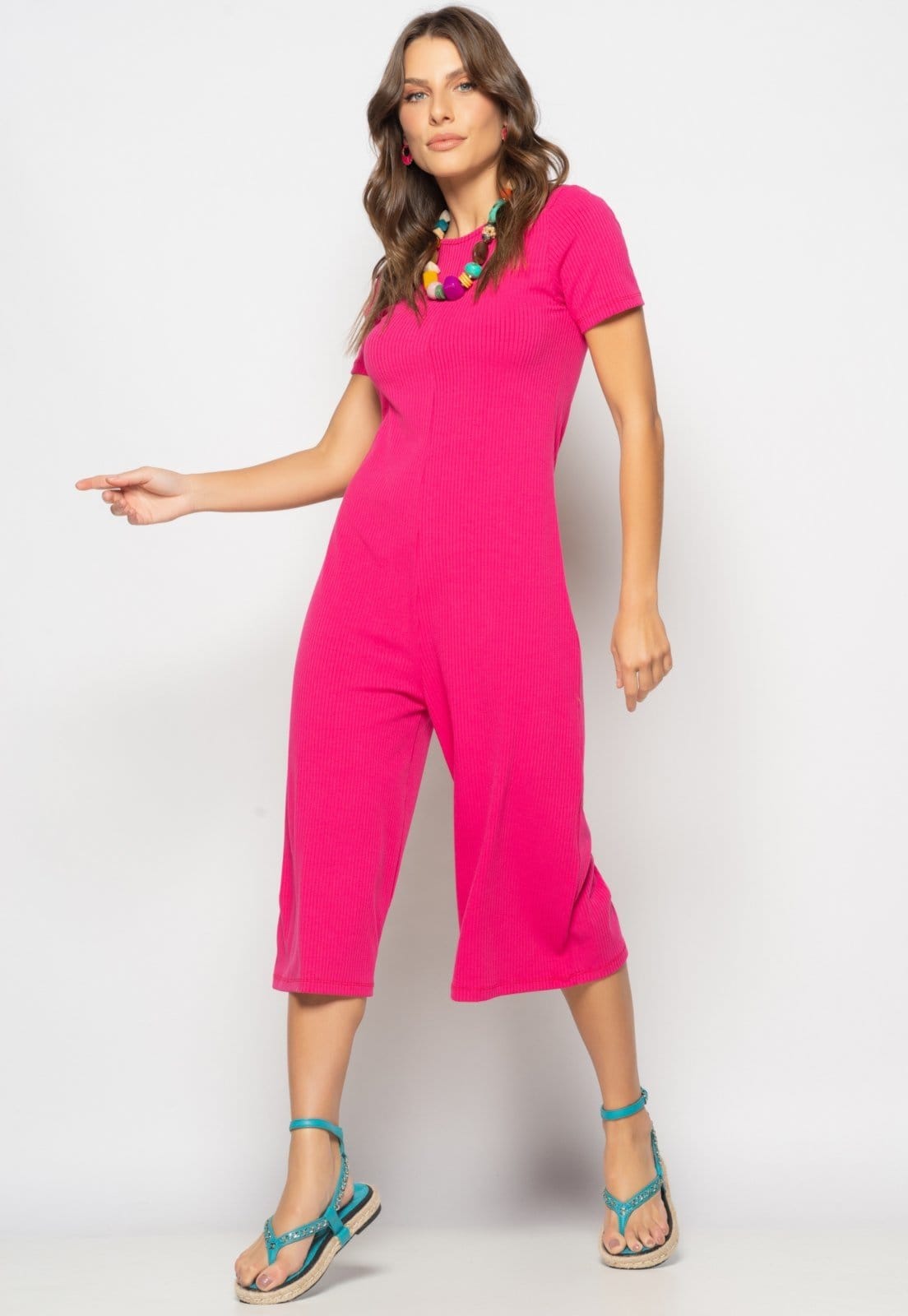 Macacão Pantacourt Manga Curta Costas Em V Canelado Salvatore Pink