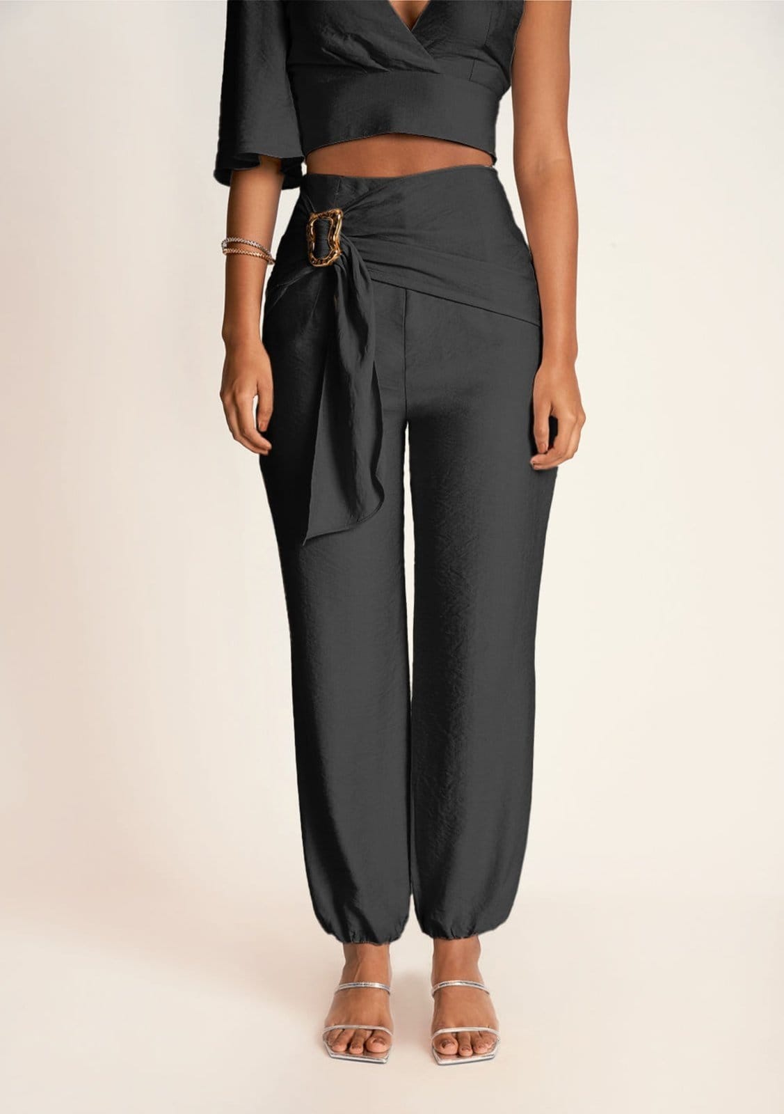 Vista 2 Calca Zinco Jogger Cintura Alta Com Fivela Zinco preto