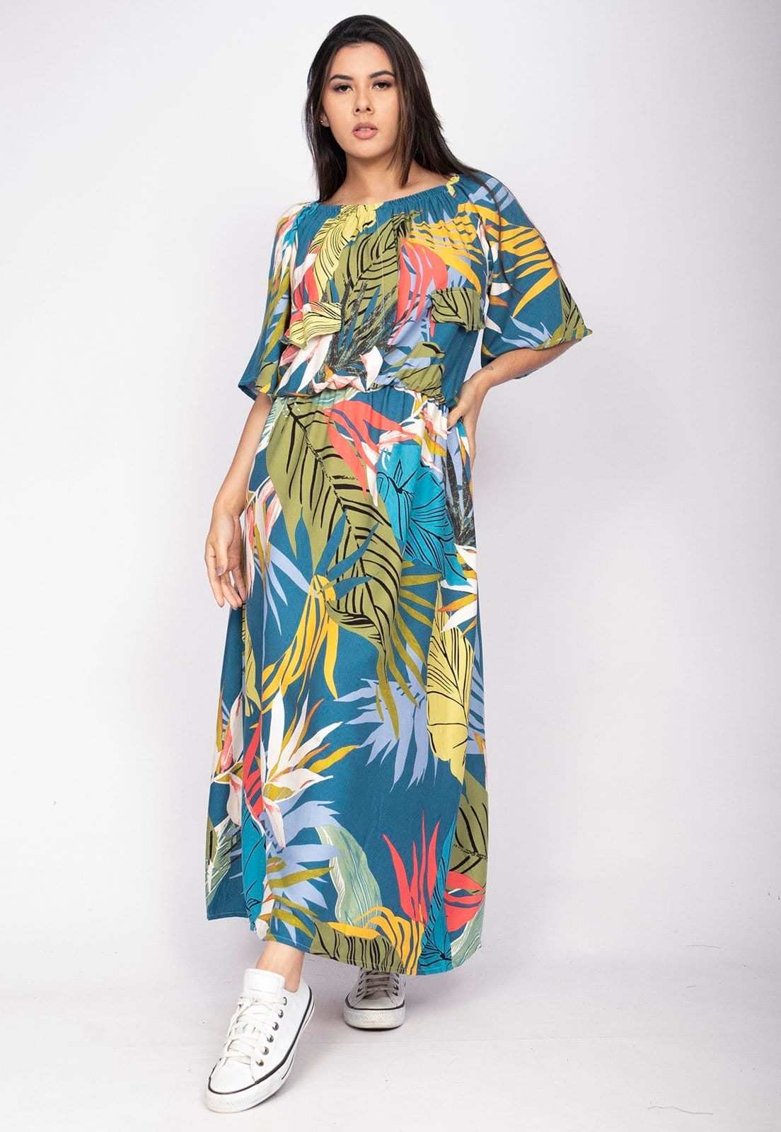 Vestido Midi CabanaFree Viscose Ciganinha com Lapela Estampa Brisa Botânica