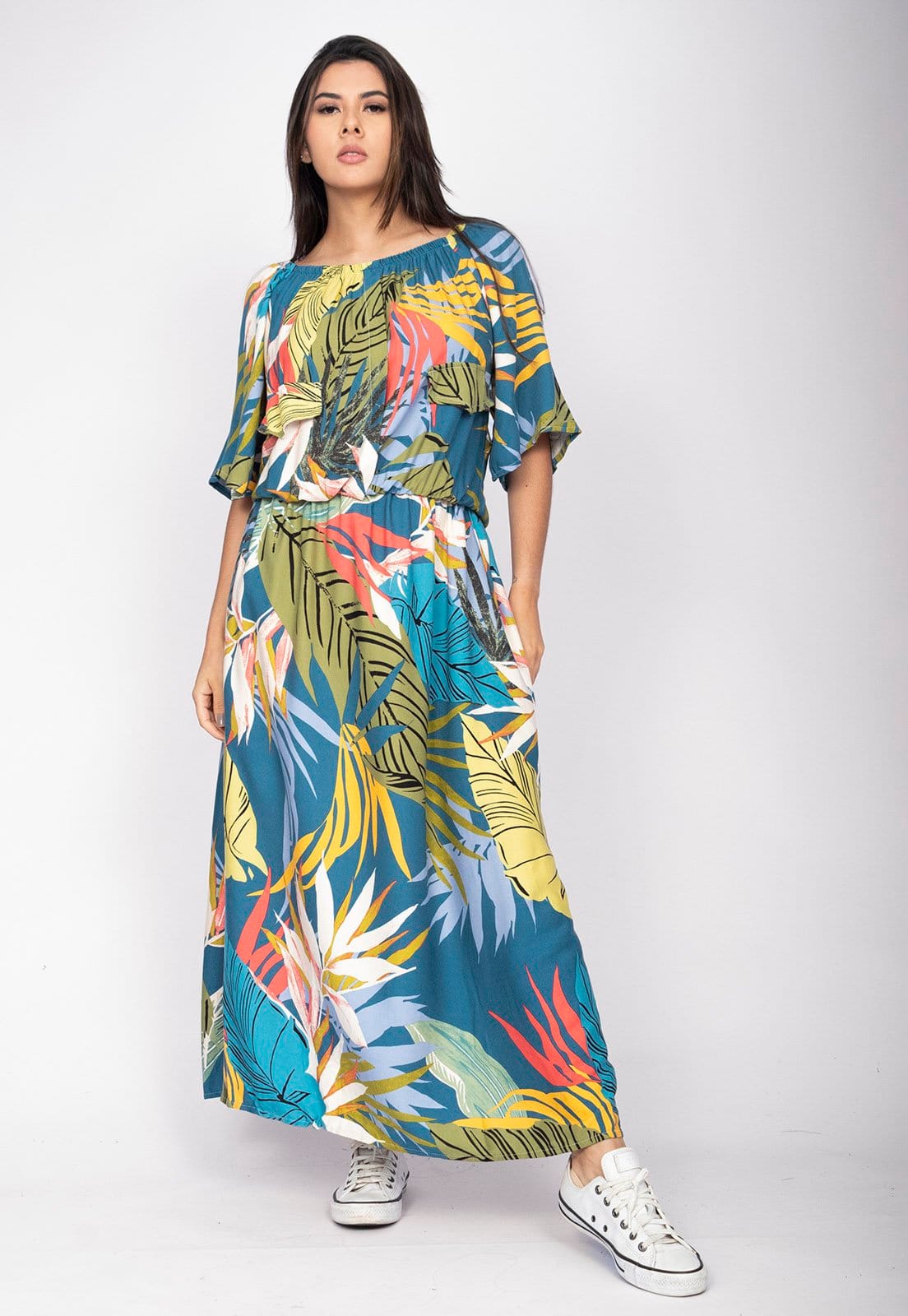 Vista 2 Vestido Midi CabanaFree Viscose Ciganinha com Lapela Estampa Brisa Botânica Cabanafree azul/estampado