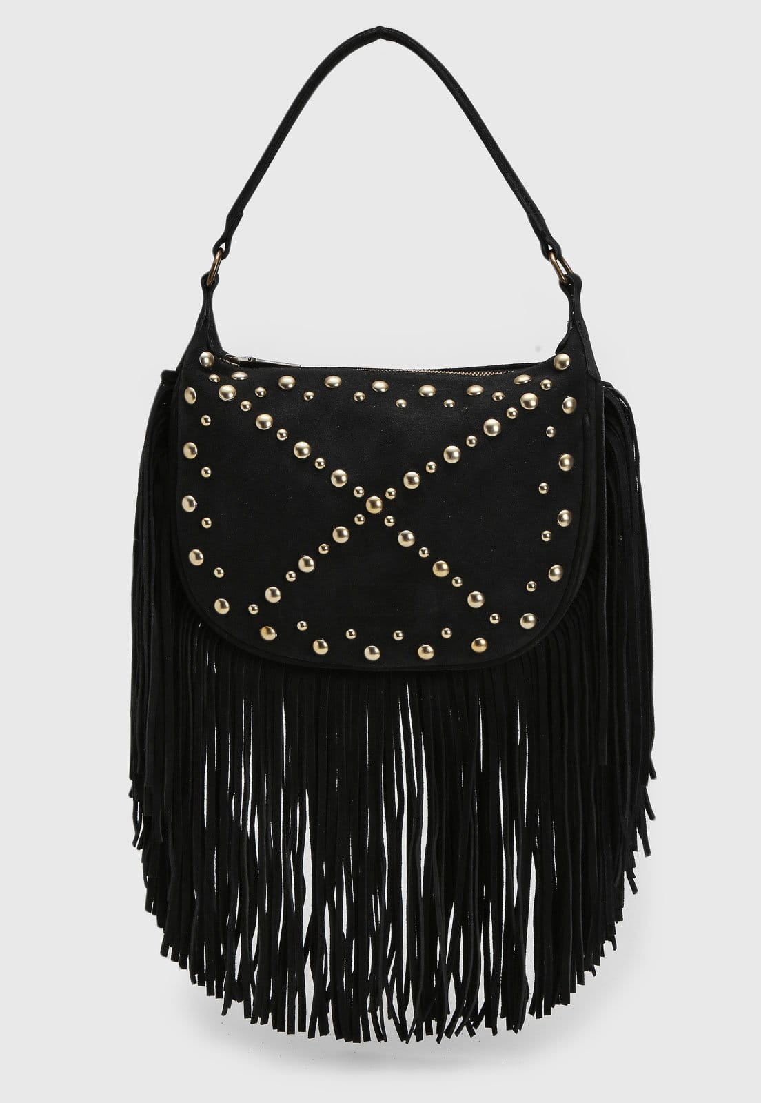 Vista principal Bolsa Média Luiza Barcelos Franjas Tachas Preta Luiza Barcelos preto