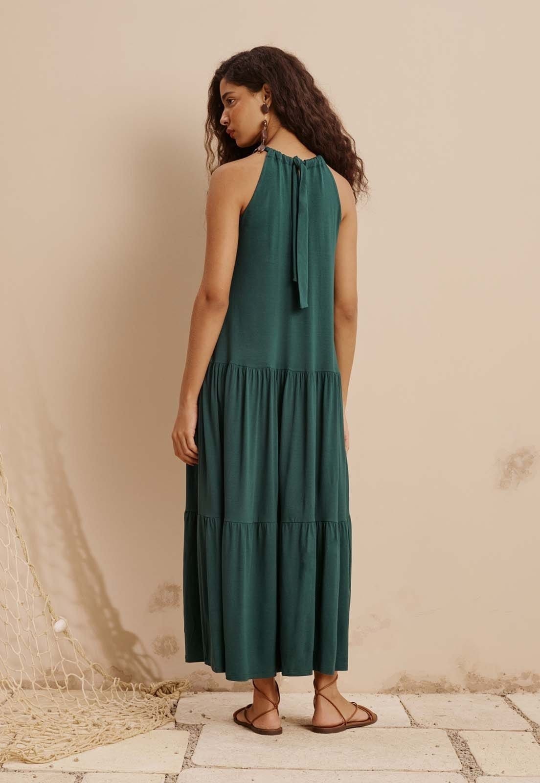 Vista 2 Vestido Longo Decote Túnel Com Marias CaCay azul