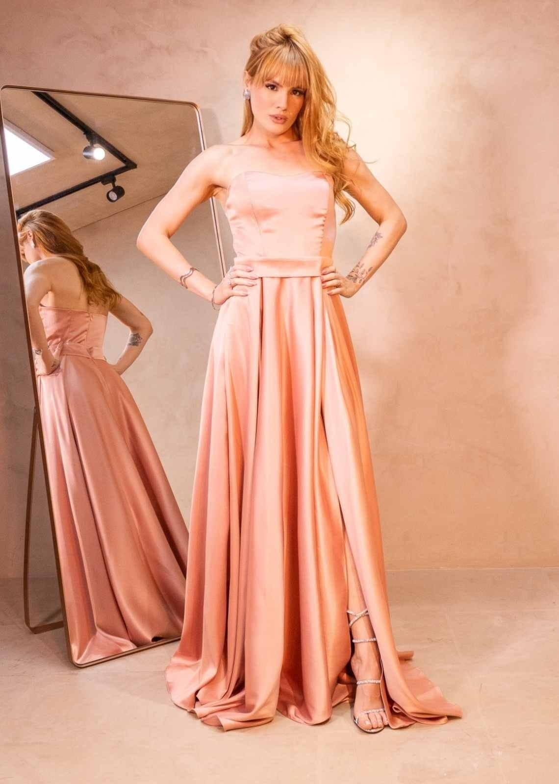 Vestido Longo de Festa Madrinhas Tomara que Caia Zibeline Frontinne Rose Gold