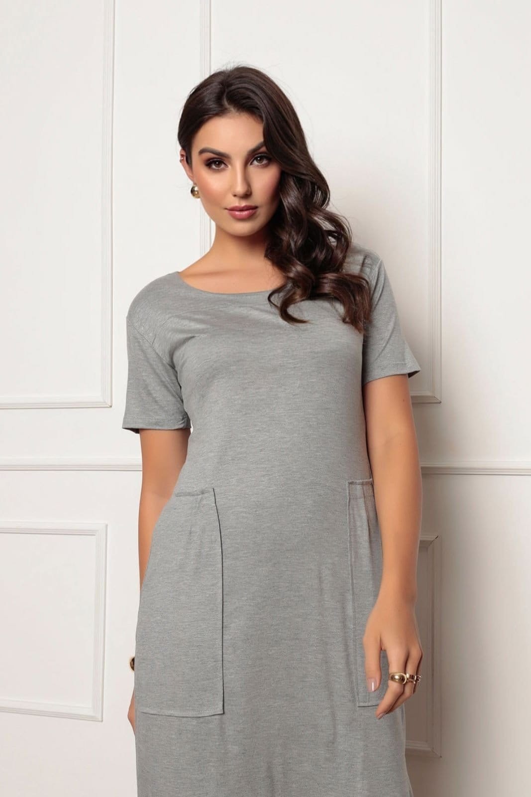 Vestido Midi Malha com Bolsos e Manga com Fenda e Gola Redonda Zipituka - 2