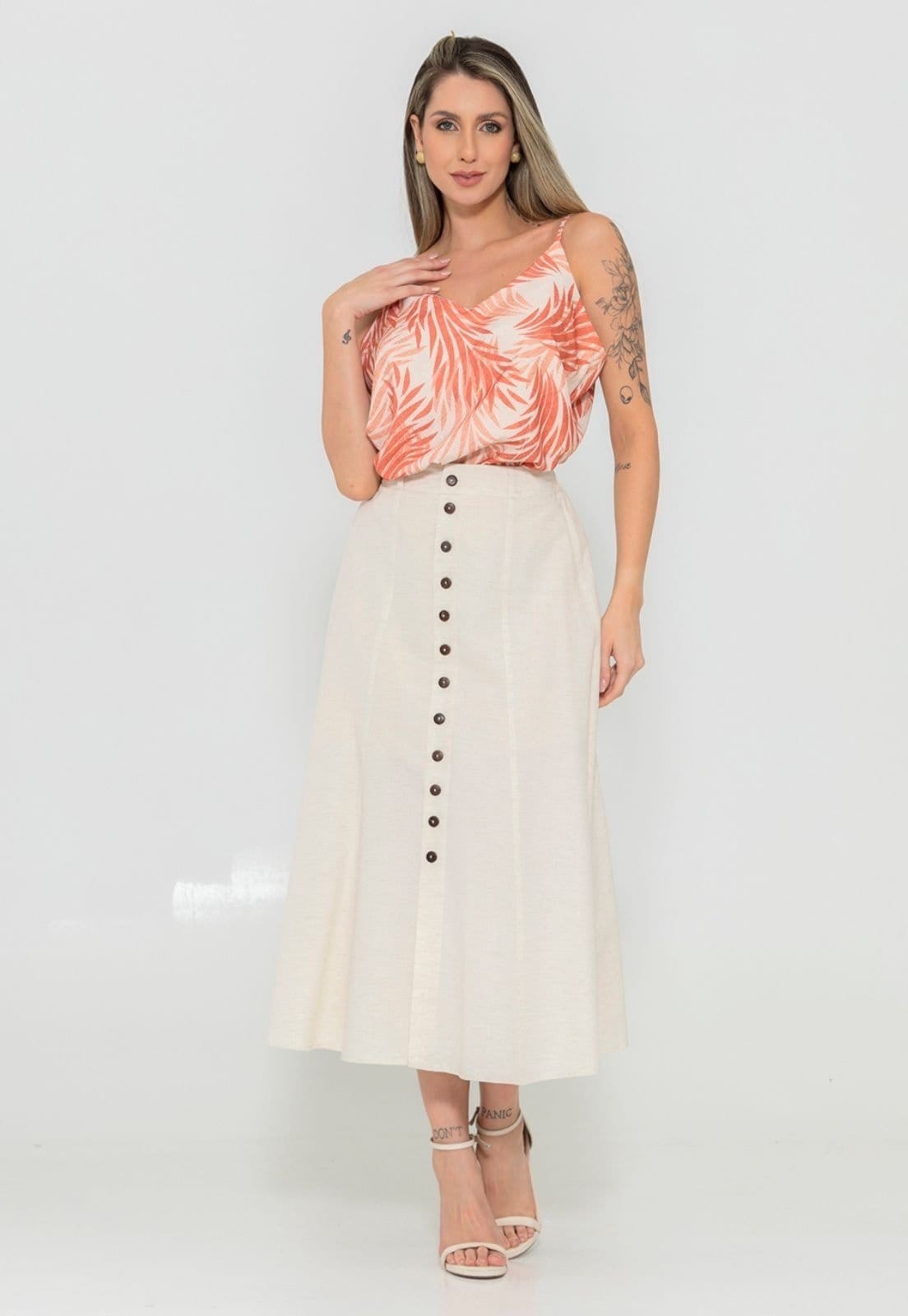 Conjunto Feminino Elegancy Premium Saia de Linho Premium e Blusa Regata Estampada