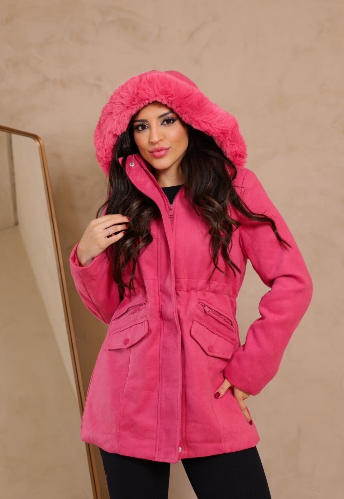 Jaqueta Parka Lã Batida Sobretudo Forrada com Capuz Removível Casaco Inverno Rosa Pink